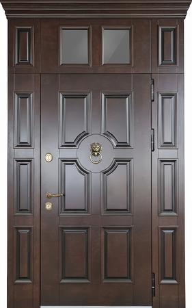 Входная группа с терморазрывом, верхней остекленной вставкой с карнизом, кнокером и отделкой МДФ со шпоном Входная группа с терморазрывом, верхней остекленной вставкой с карнизом, кнокером и отделкой МДФ со шпоном