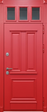 Стальная уличная термодверь со стеклом во фрамуге и красными панелями МДФ с багетом Стальная уличная термодверь со стеклом во фрамуге и красными панелями МДФ с багетом