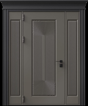 Входная термодверь с металлофиленкой, вставками по бокам, карнизом и порошковым напылением RAL 7022 (тип №3)