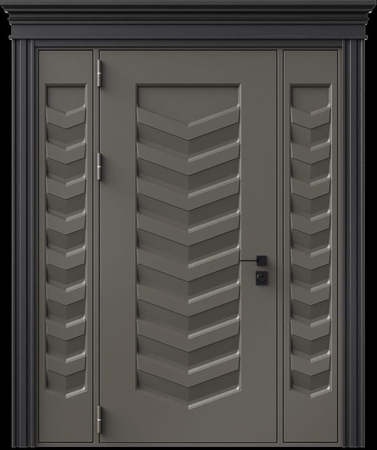 Входная термодверь с металлофиленкой, вставками по бокам, карнизом и порошковым напылением RAL 7022 (тип №8)