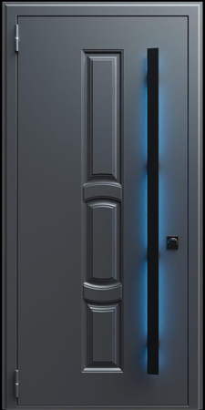 Входная термодверь с металлофиленкой, длинной ручкой с подсветкой и порошковым покрытием RAL 7021 (тип №10) Входная термодверь с металлофиленкой, длинной ручкой с подсветкой и порошковым покрытием RAL 7021 (тип №10)